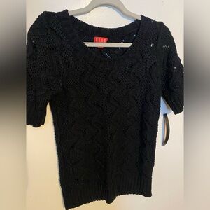 ELLE Women’s Short Sleeve Eyelet Knit Sweater, Black, Size Small